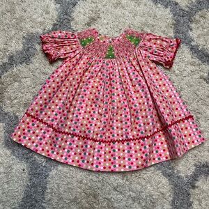 Pink Polka Dot Smocked Dress with Christmas Trees